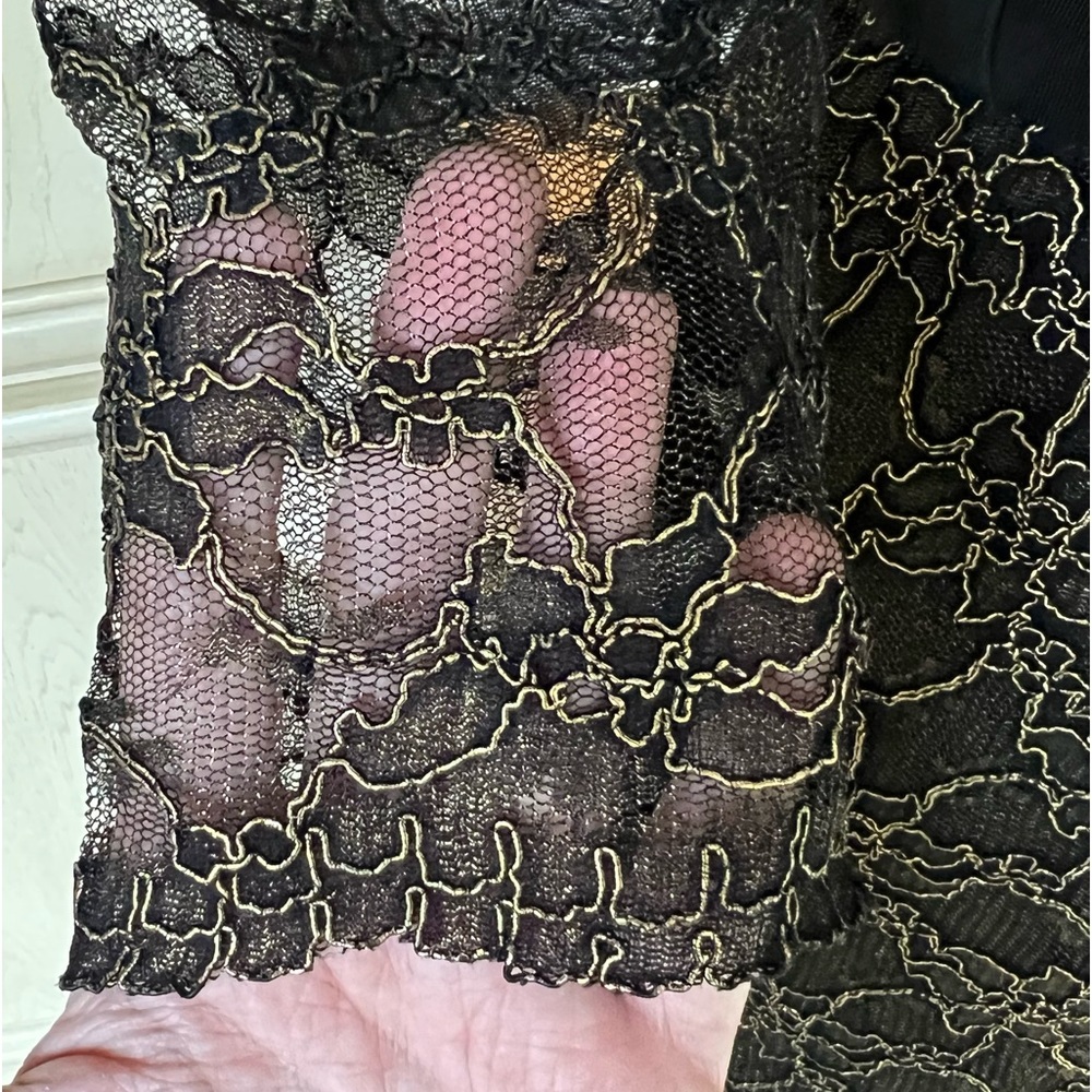 DKNY Metallic Lace Overlay V-Neck Dress With Sheer Sleeves - Picture 6 of 16